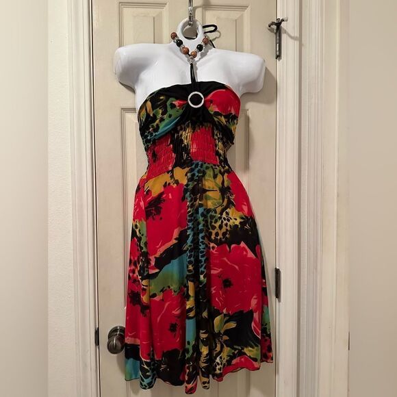 Beaded halter beach dress - size small med - smocked back and under bra area - Picture 1 of 9